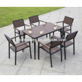 New arrive plastic wood outdoor furniture poolside dining set long table with 6 seater for leisure